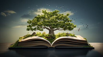An open book with tree growing out of it, concept of knowledge 