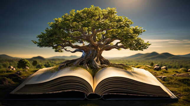 An open book with tree growing out of it, concept of knowledge 