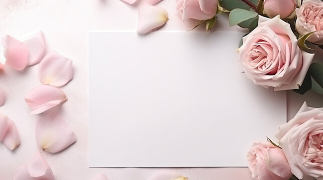 White blank greeting card on the pink background with flowers, love letter