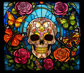 Stained glass sugar skull with roses