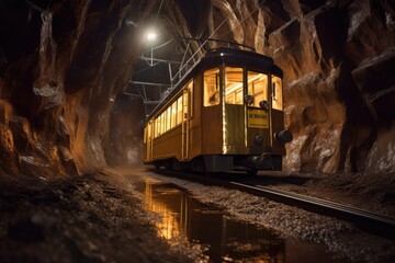 Fototapeta na wymiar A tram carrying gold ore in a gold mine. Generate Ai