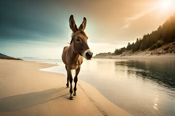 portrait of a donkey walking in the beach 
