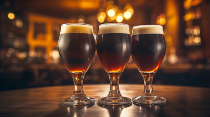 three glasses of beer close-up on the table. Generative Ai. 