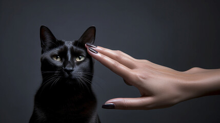 well-groomed female hand with manicure plays with a black cat. Generative Ai.  - obrazy, fototapety, plakaty