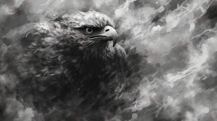 Fototapeta premium Gray clouds form a futuristic unusual bird of prey such as an eagle or a hawk. Creative concept. Generative AI. Illustration for cover, card, postcard, interior design, decor, invitations or print.