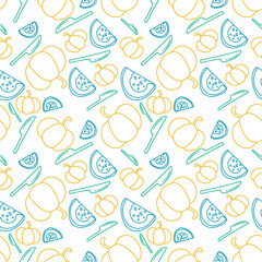 colorful doodle line egg custard in pumpkin Thai dessert seamless pattern on white background. vector abstract illustration.