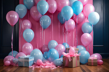 Baby gender reveal concept with pink and blue balloons at a party