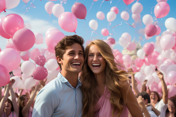 Man and woman at a baby gender reveal concept with pink and blue balloons at a party