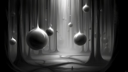 An unrealistic futuristic forest with tree trunks and large spherical objects suspended from them. Landscape in gray tones. Generative AI. Illustration for cover or interior design.