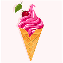 Ice cream in a cone with cherries on a light background