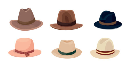 Flat vector set of men's and women's hats. Stylish men's and women's hats.