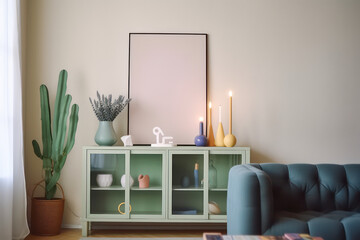 artistic frame canvas mock up in a curated scandinavian studio living room atelier setting with natural light and shadows - ai generative art