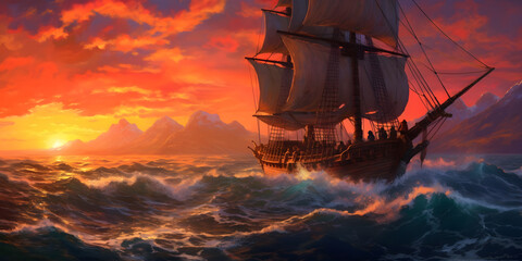 A group of adventurers sailing across a vast open sea, under a vibrant sunset sky, a mix of anticipation and freedom.