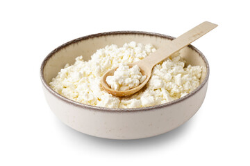 Bowl with tasty cottage cheese on white background