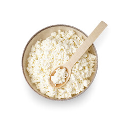 Bowl with tasty cottage cheese on white background