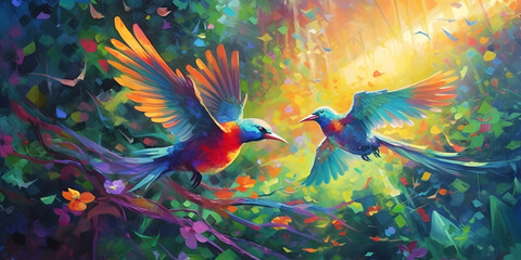 Fototapeta na wymiar High up in the ancient rainforest canopy, a vibrant kaleidoscope of endangered tropical birds takes flight, their colorful feathers shimmering under the dappled sunlight.