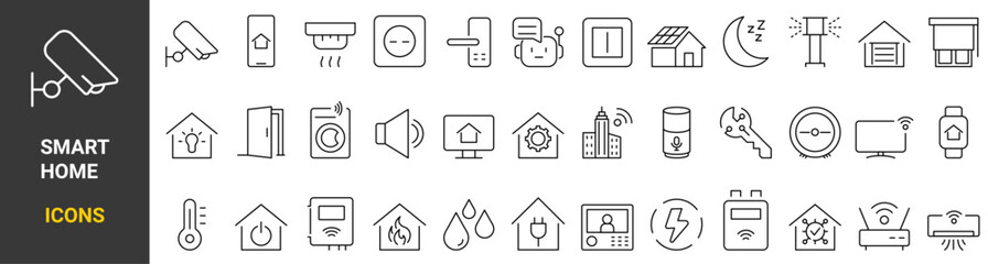 smart home icons. control of lighting, heating, air conditioning. home automation and remote monitoring. Editable stroke. 