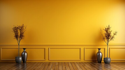 Yellow room interior, modern luxury living room , empty yellow wall with wooden floor, yellow background