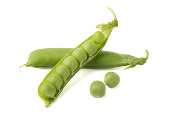 Pea pods with peas on a white background.
