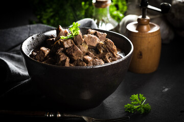 Beef stew in a bowl.