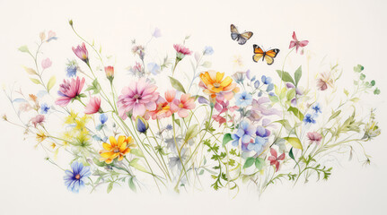 A pastel watercolor drawing of small colorful flowers and butterflies