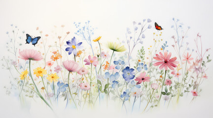 A pastel watercolor drawing of small colorful flowers and butterflies