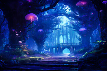 Fantasy landscape, magical blue forest, floating jellyfish creatures, arched architecture