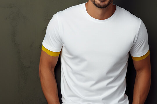 Cropped image of man in white blank t-shirt on black background