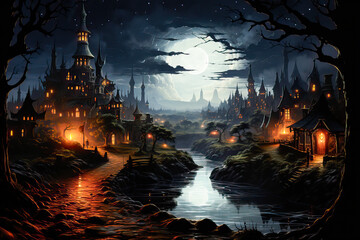 Spooky fantasy medieval town at night, Halloween landscape painting, background, concept art