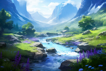 Fototapeta na wymiar Stream in a green valley, fantasy landscape painting, pastoral, idyllic