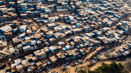 Income inequality, A stark contrast between luxurious mansions and dilapidated shanty houses, A crowded urban slum, A sense of disparity and unfairness