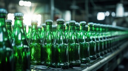 Green beer bottles on production line, factory background. Created with Generative Ai technology.