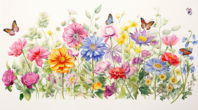 A pastel watercolor drawing of small colorful flowers and butterflies © Veniamin Kraskov