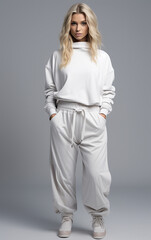 Girl with blonde hair in white clothes wearing a short t-shirt and pants on a light background, Generative AI