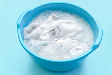 Plastic basin with dirty clothes, water and foam on blue background