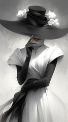 anime fantasy elegant twosome in black wide brim hat and white eternal elegant dress drawing girls Generative AI