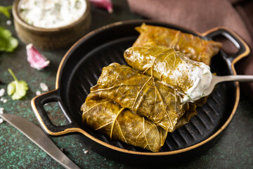 Traditional Greek, Caucasian and Turkish cuisine. Delicious dolma - stuffed grape leaves with rice...