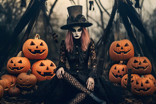 Woman in Halloween costume sitting with pumpkins, eerie, haunting