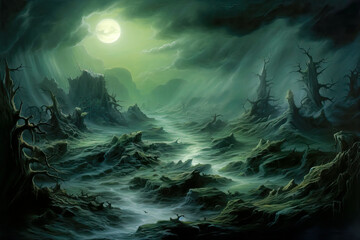 Dark green mist fog spooky barren landscape, night, Halloween, background, concept art