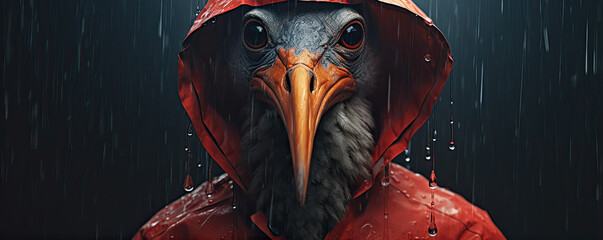 Red ostrich portrait is wearing a raincoat or suit on dark background.  copy space for text