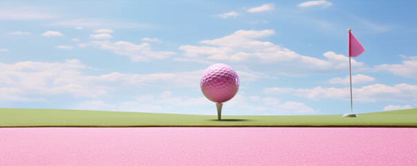 Pink golf ball in green field with blue sky background.