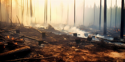 A lush forest devastated by deforestation, with charred tree stumps and smoke rising from the ashes