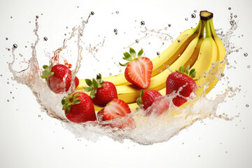 Fototapeta na wymiar banana and strawberries water splash isolated on white background