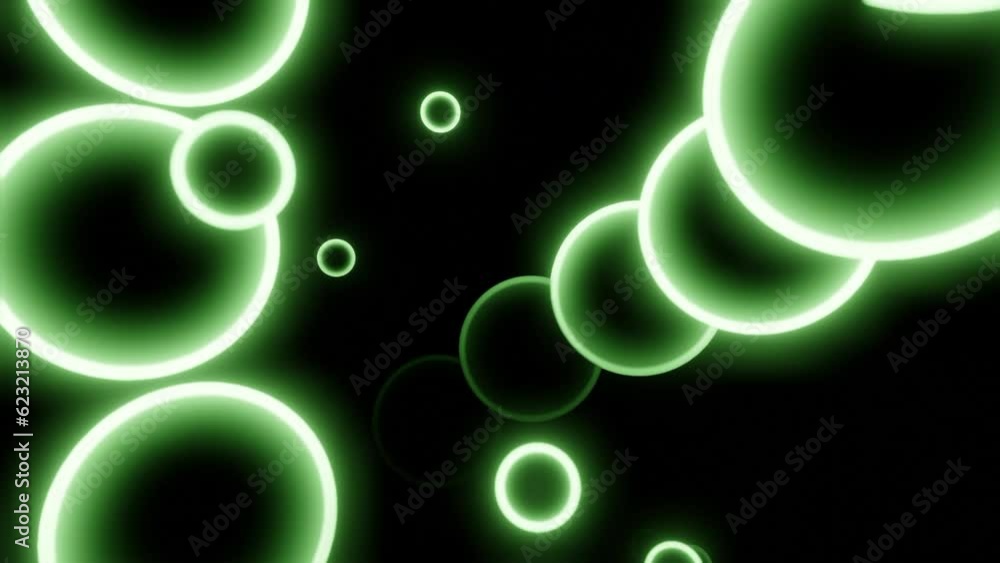 Aufkleber neon 3d balls move in spiral in space. design. glowing rings with the shape of 3d ball on black back