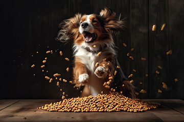 A very happy dog ​​with his food.