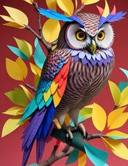 Experience the vibrant beauty of a Kirigami-style owl perched on a branch, surrounded by vivid flowers and leaves. Unique and captivating art for nature enthusiasts.