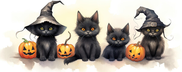 Black cat with pumpkins in halloween time. cartoon stzly photo