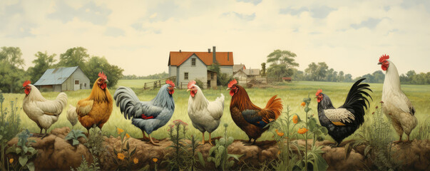 hen or chicken in the meadow cartoon or illustrated picture.