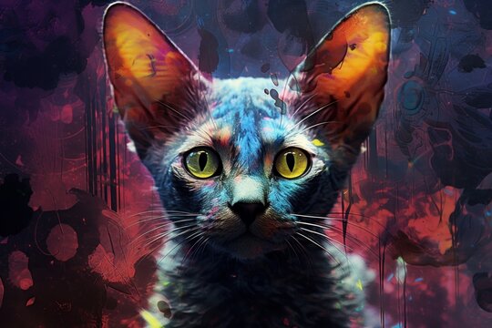 Multi coloured illustration art, the head of a oriental cat painted with with splashes and splatters of paint. Generative AI