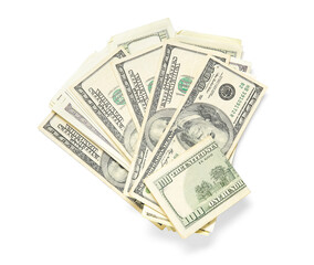 One hundred dollar banknotes on white background